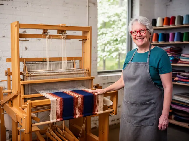 A smiling weaver beside a new wooden floor loom with a striped blue and rust cloth.
