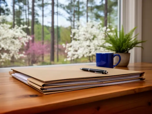 A neat stack of closed manila folders and a pen on a desk by a window.