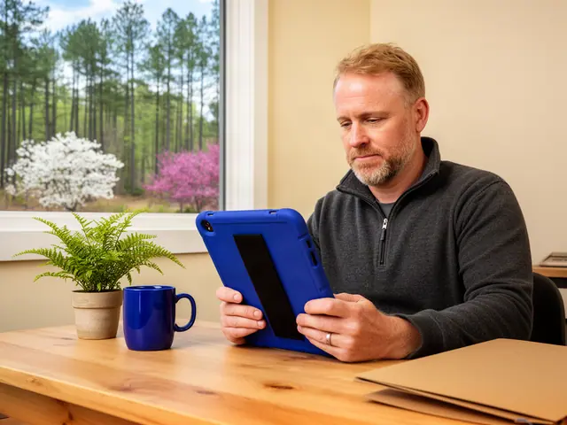 A man with short sandy hair reviewing a tablet at a desk in a small back office.